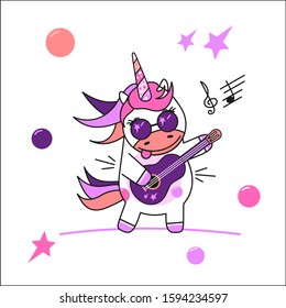 Unicorn musician playing guitar. The illustration can be used for children's prints (for example, drawing on fabric, dishes or posters). Vector image.