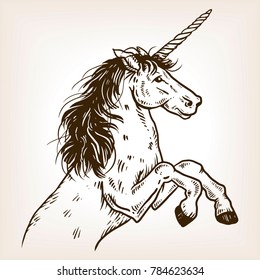 Unicorn mythical animal engraving vector illustration. Brown aged background. Scratch board style imitation. Hand drawn image.
