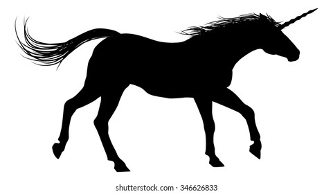 Unicorn mythical horse in silhouette running
