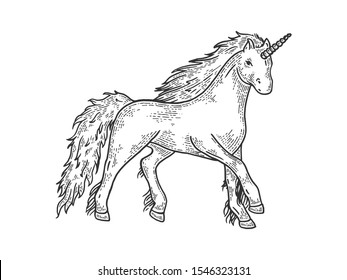 Unicorn mythical magical animal sketch engraving vector illustration. T-shirt apparel print design. Scratch board style imitation. Black and white hand drawn image.