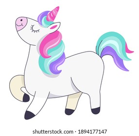 Criatura mitológica unicornio con la cabeza arriba, carácter animal aislado con cuerno y cola arcoiris. Caballo mágico colorido o poni de cuentos de hadas. Diseño de mitos adorables. Vector de estilo plano