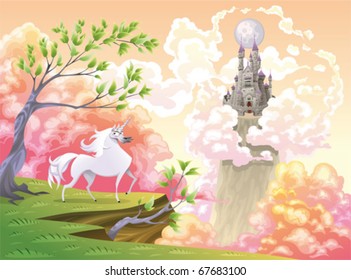 Unicorn and mythological landscape. Cartoon and vector illustration, objects isolated .