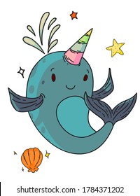 Unicorn narwhal fantasy creature. Isolated funny unicorn narwhal whale child cartoon character with horn, shell and starfish sketch drawing. Vector cute happy fantasy creature animal doodle art