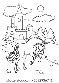 Unicorn near the castle. Black and white coloring.