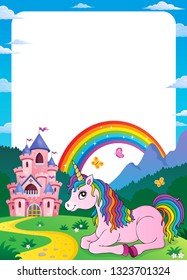 Unicorn near castle theme frame 5 - eps10 vector illustration.