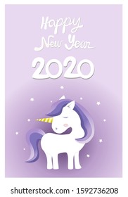 Unicorn new year card, postcard, violet background, Word meaning Happy New Year 2020, banner, cartoon wallpaper, vector.