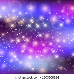 Unicorn Night Background With Rainbow Mesh. Girlish Universe Banner In Princess Colors. Fantasy Gradient Backdrop With Hologram. Holographic Unicorn Background Magic Sparkles, Stars And Blurs. Vector