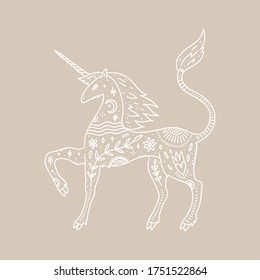 Unicorn and night landscape inside, double exposure. Wildlife concept. Boho tattoo art, fantasy ethnic style. Ornate animal. Vector illustration.