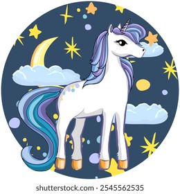 Unicorn with a night sky. Vector, isolated. Free hand draw.