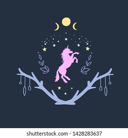 Unicorn in the night with starry sky and the moon. Fantasy style, magical forest dream conceptual illustration, tattoo art, symbol
