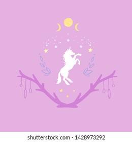 Unicorn in the night with starry sky and the moon. Fantasy style, magical forest dream conceptual illustration, tattoo art, symbol