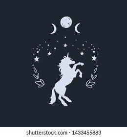 Unicorn in the night with starry sky and the moon. Fantasy style, magical forest dream conceptual illustration, tattoo art, symbol