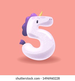 Unicorn number five with sparkles. Cute magic handcrafted alphabet for princess. 3D collection of cartoon horses 