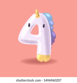 Unicorn number four with sparkles. Cute magic handcrafted alphabet for princess. 3D collection of cartoon horses 