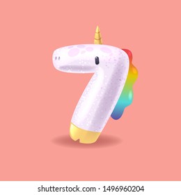 Unicorn number seven with sparkles. Cute magic handcrafted alphabet for princess. 3D collection of cartoon horses 
