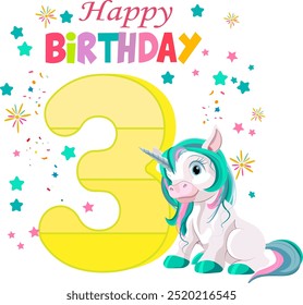 Unicornio y número tres feliz cumpleaños