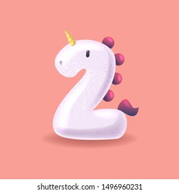 Unicorn number two with sparkles. Cute magic handcrafted alphabet for princess. 3D collection of cartoon horses 