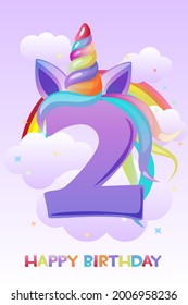 Unicornio tiene dos años, feliz postal de cumpleaños para el juego ui.
