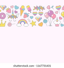 Unicorn objects flat vector design for greeting, birthday, invitation card, with place for text. Unicorn, rainbow, sweets, stars, balloons,crown and other objects with light pink background.