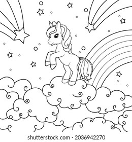 A unicorn on a background of falling stars, clouds and a rainbow stands on a cloud. Coloring book page. Vector illustration on white background.