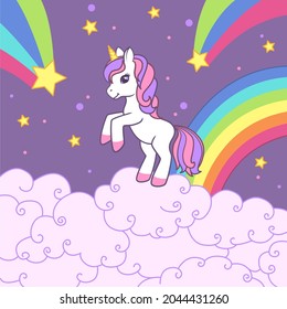 A unicorn on a background of falling stars, clouds and a rainbow stands on a cloud. Colorful vector illustration for cards, books, t-shirts