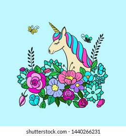 Unicorn on a background of flowers. Vector illustration for children