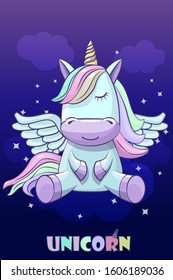 Unicorn on a background of the night sky. Rainbow hair. Cute fantasy animal, cartoon character unicorn with wings.