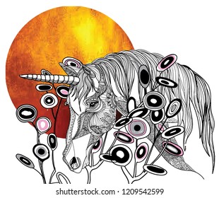 Unicorn on the background of the sun. Freehand drawing. Fantasy, magic. horse with a long mane and horn. Postcard, print on the shirt.