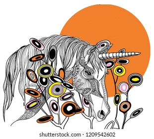 Unicorn on the background of the sun. Freehand drawing. Fantasy, magic. horse with a long mane and horn. Postcard, print on the shirt.