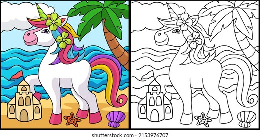 Unicorn On The Beach Coloring Page Illustration