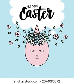 Unicorn on a blue background. Dreamy unicorn. Easter egg in the form of a unicorn. Happy Easter poster.