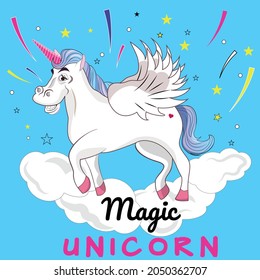 Unicorn on a blue background with wings and above the clouds. Horse. Funny picture for textiles. Animal. Stars. Comet. A wish. Contemporary image. Imagination. Stock Vector Illustration. Magic. Cute.