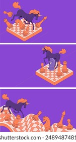 Unicorn on a chessboard surrounded by chess pieces. leadership concept. Three illustrations on the same topic