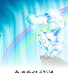 Unicorn on a cliff in front of a waterfall