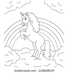 Unicorn on a cloud. Coloring book page for kids. Cartoon style character. Vector illustration isolated on white background.