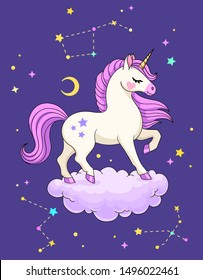 Unicorn on cloud with constellations, crescent, stars and space on background. Cute vector illustration 