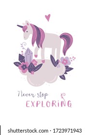 Unicorn on a cloud with crystal, flowers - Children's wall art, poster, greeting card, party invitation - Isolated hand drawn cute animal character in scandinavian pastel gray, pink and violet colors