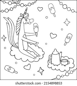Unicornio en una nube con helado. Imagen vectorial en blanco y negro para imprimir, colorear