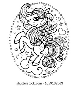 Unicorn on a cloud. Magic animal. Black and white, monochrome. For the design of prints, posters, cards, book Vector