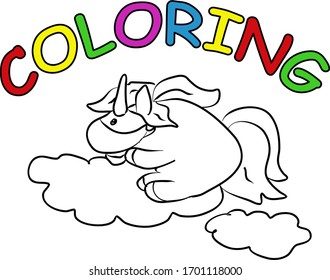 Unicorn on cloud with medical masked hand drawing coloring book. Quarantine and isolation. Modern doodle contour illustration black