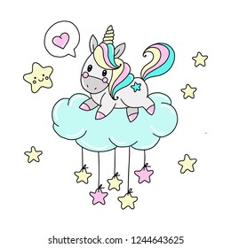 unicorn on a cloud with stars, baby illustration