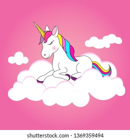 Unicorn on clouds, pink background, vector illustration.