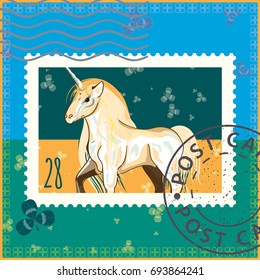 Unicorn on clover fields. Vector illustration. Postage Stamp. Mark. Postcard.
