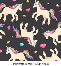 Unicorn on dark background seamless pattern with rainbow, clouds, crystals and stars. Great for greeting card, party, baby birthday, invitation template. Cartoon vector illustration.