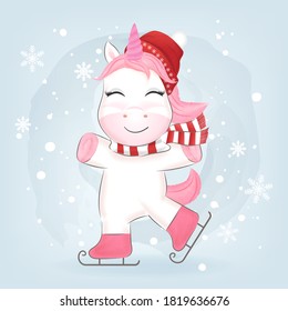 Unicorn on ice skates in snow hand drawn watercolor style, Christmas concept