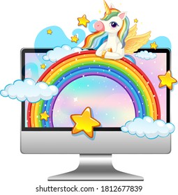 Unicorn on laptop desktop background illustration