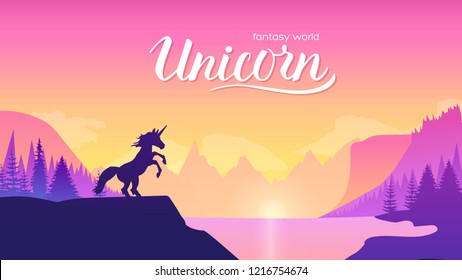 Unicorn on the mountainside near the lake concept. Creatures in fantasy worlds vector illustration design. Nature landscape 