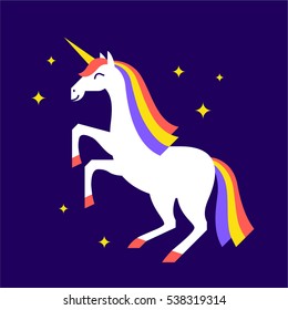 Unicorn on night sky background, vector illustration