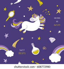 Unicorn on the night sky seamless pattern background with stars, rainbow and comets. Cute cartoon character for pajamas, sleepwear, t-shirts design, children room decor.