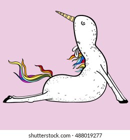 Unicorn on a pink background doing yoga